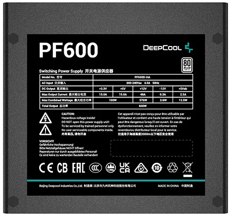 Блок питания DEEPCOOL 600W (PF600D-HA, 80+, 120mm, 20+4+4+4+4+4pin, 4xPCI-E 6+2pin, 6*SATA, 2*HDD) RTL