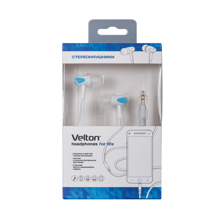 Наушники Velton VLT-JM25L (затычки, без микрофона, 1.2m, white-blue)