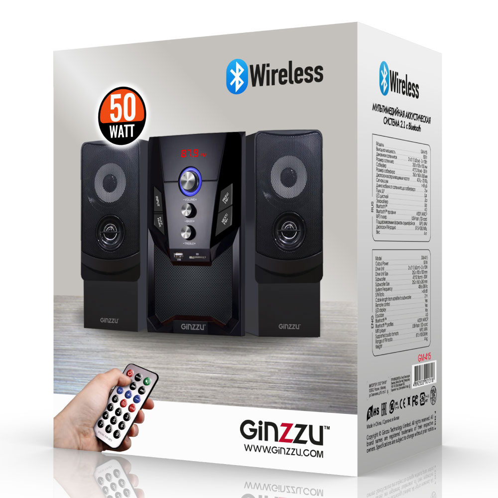 Колонки GINZZU GM-415 (50W, Bluetooth, ПДУ, FM, USB, SD, black)