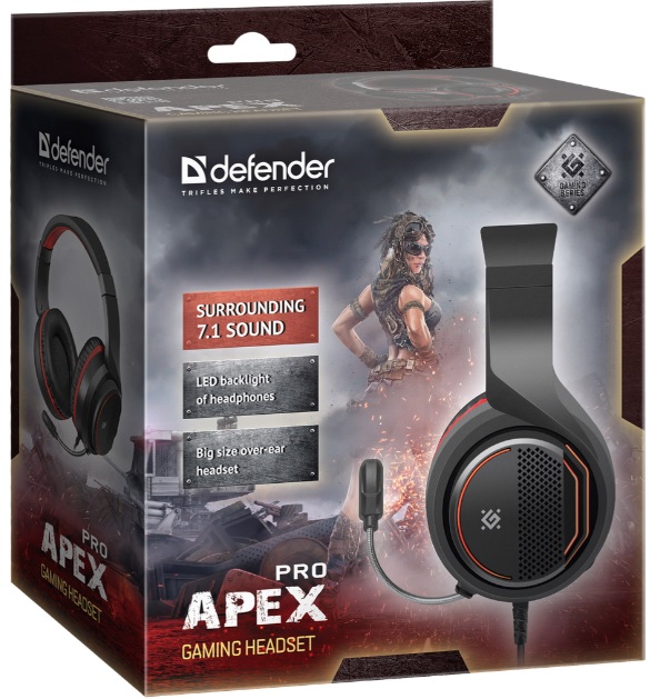 Наушники Defender Apex Pro (полноразмерные закрытые, подключение по USB, с микрофоном, регулятор, игровые, виртуальный объёмный звук 7.1, 1.8m, подсветка, промо-код "Crossout", black-red)