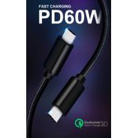 Кабель Type-C --> Type-C 1.0m (3A, 60W, быстрая зарядка, нейлоновая оплётка, black)
