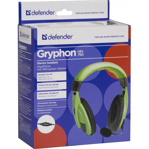 Наушники Defender Gryphon HN-750 (полноразмерный закрытые, c микрофоном, 2m, с регулятором, green)