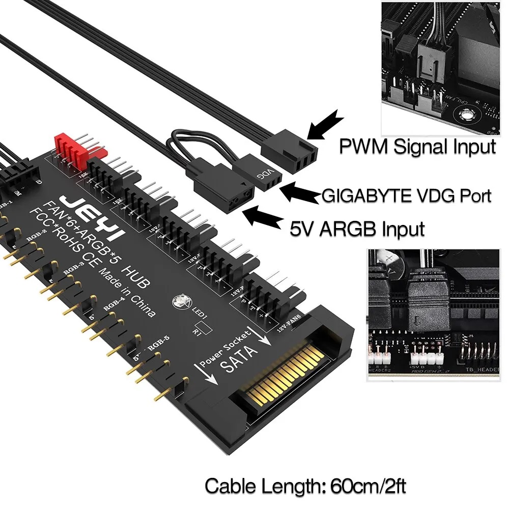 Разветвитель питания SATA (m) -> 6x Fan 4 pin (f) + 5x ARGB (Eleven in One, PWM, black) JEYI