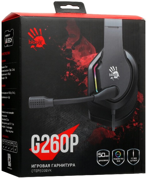 Наушники A4Tech Bloody G260p (полноразмерные закрытые, для мобильных устройств, с микрофоном, регулятор, RGB подсветка, игровые, 2m, black)