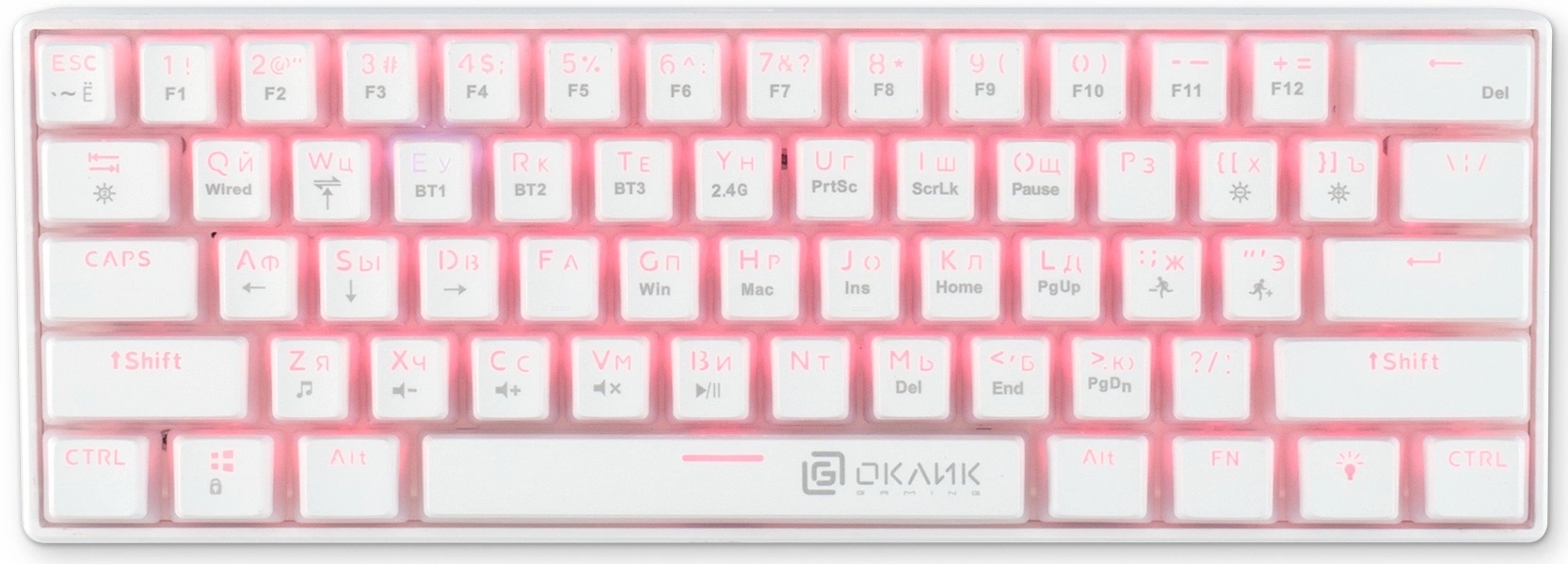 Клавиатура Oklick K763W (USB / Bluetooth 5.0(3.0) / 2.4GHz, механическая, аккумулятор 1450mAh (до 5 дней беспрерывной работы), регулируемая RGB подсветка, игровая, мультимедийная, Anti-Ghosting, 1.8m, white)