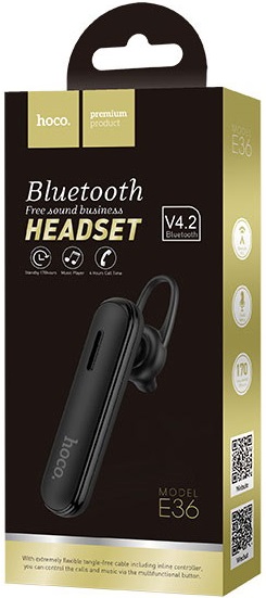 Гарнитура hoco E36 Free sound (вкладыш моно, беспроводная, Bluetooth 4.2, с микрофоном, до 4 часов работы от батареи, black)