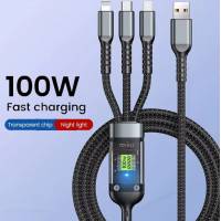 Кабель USB 2.0 Am - Lightning + micro USB + Type-C 1.2m (6A, 100W, быстрая зарядка, нейлоновая оплётка, black-grey)