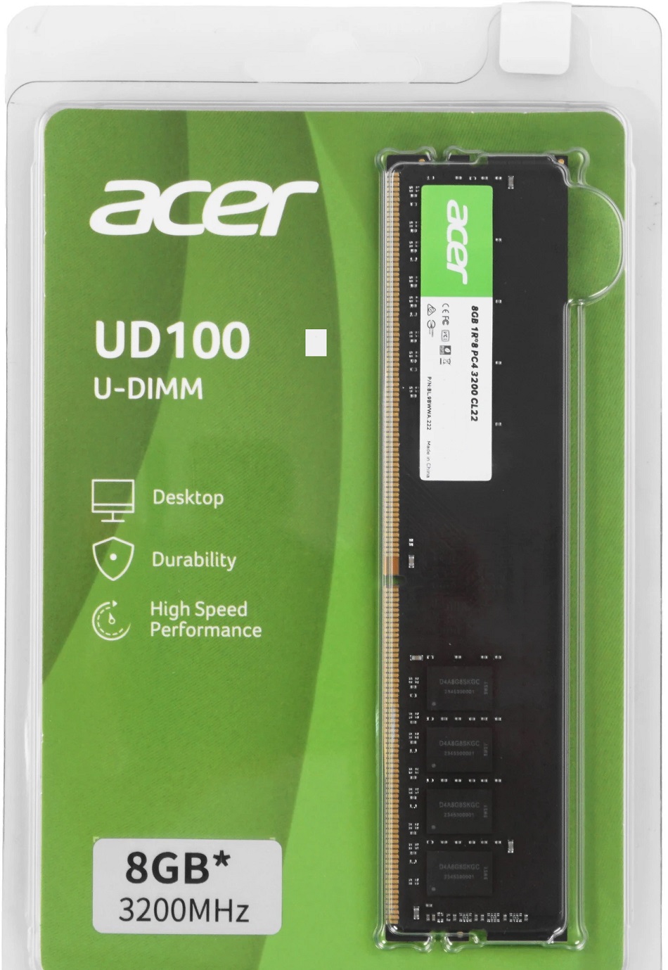 Память DDR4 8Gb PC25600, 3200MHz, Acer (BL.9BWWA.222, 1.2V, black)