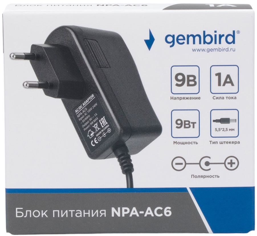 Блок питания Gembird NPA-AC6 (вход 100-240V, выход 9V - 1A, 9W, штекер 5.5х2.5mm, кабель 1m, black)