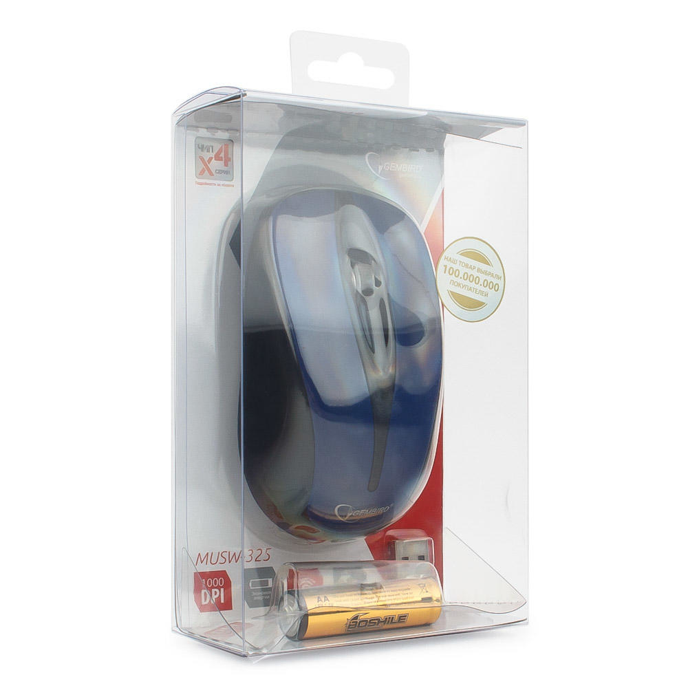 Мышь беспроводная Gembird MUSW-325 (optical, 1000dpi, AA, black-blue)