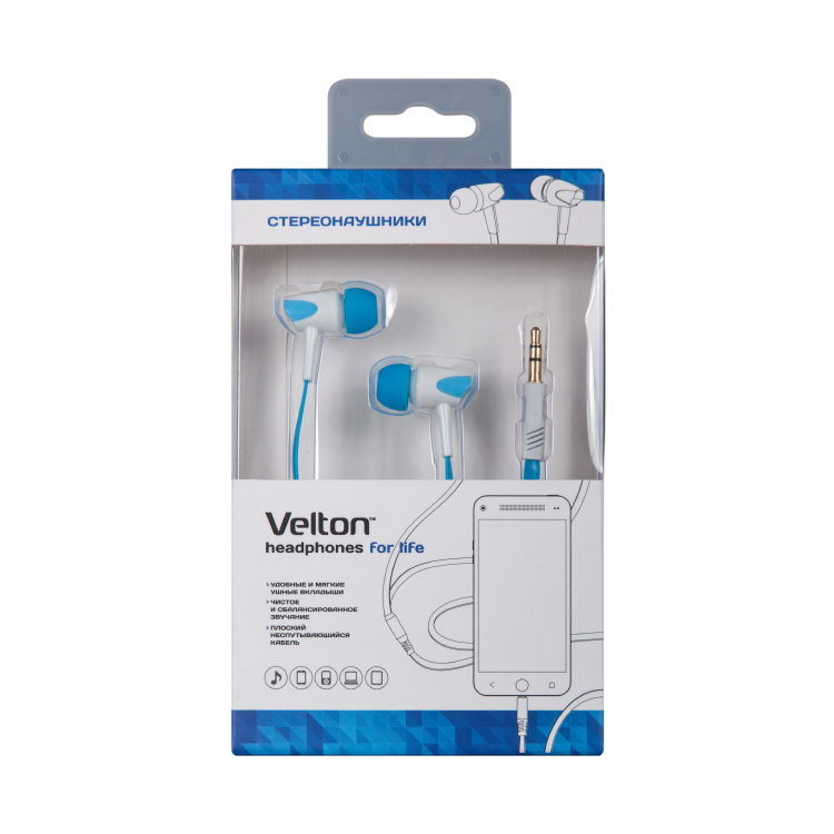 Наушники Velton VLT-JM25L (затычки, без микрофона, 1.2m, blue-white)