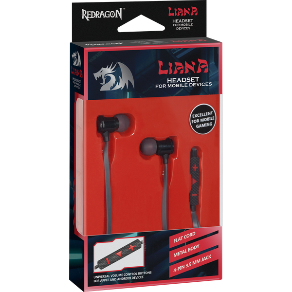 Наушники Redragon LIANA (затычки, для мобильных устройств, с микрофоном, 1.2m, black-grey-red)