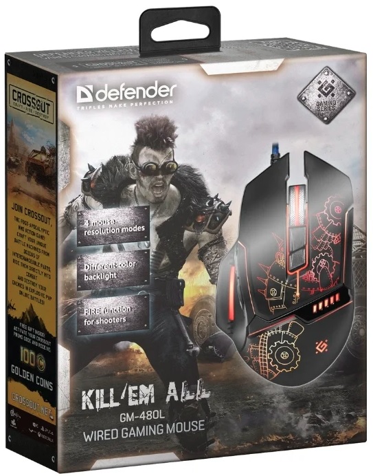 Мышь Defender Kill`em All GM-480L (USB, optical, 3200dpi, игровая, подсветка, промо-код "Crossout", 1.5m, black)