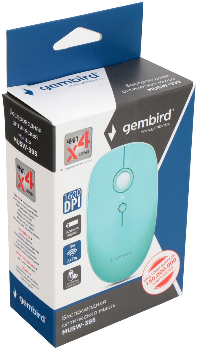 Мышь беспроводная Gembird MUSW-395 (optical, 1600dpi, AA, turquoise)
