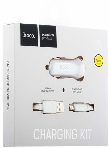 Зарядное устройство от прикуривателя hoco Z1 (12/24V - USB, 2*USB, 2.1А max, кабель Lightning 1m, white)