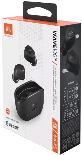 Гарнитура JBL WAVE 100TWS (затычки, беспроводная, Bluetooth 5.0, с микрофоном, до 5 часов работы от батареи, black)
