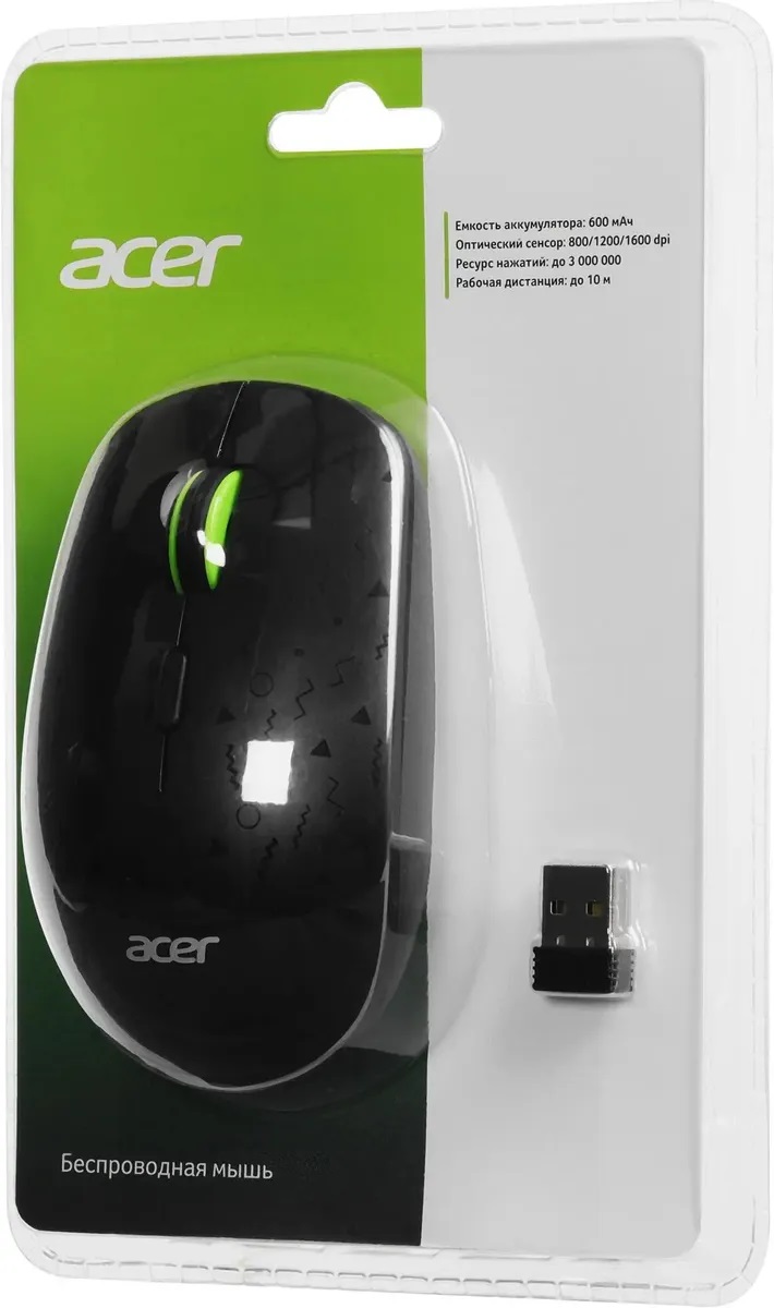 Мышь беспроводная Acer OMR307 (optical, 1600dpi, аккумулятор 600mAh, black)