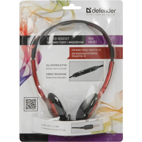 Наушники Defender Aura HN-001 (накладные открытые для мобильный устройств, микрофон, 1.2m, red)
