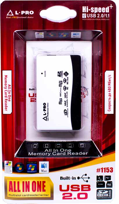 Карт-ридер L-PRO #1153 (microSD, SDHC, M2, MMC, MS, CF, XD, MS Duo, RS-MMC, white, USB2.0)
