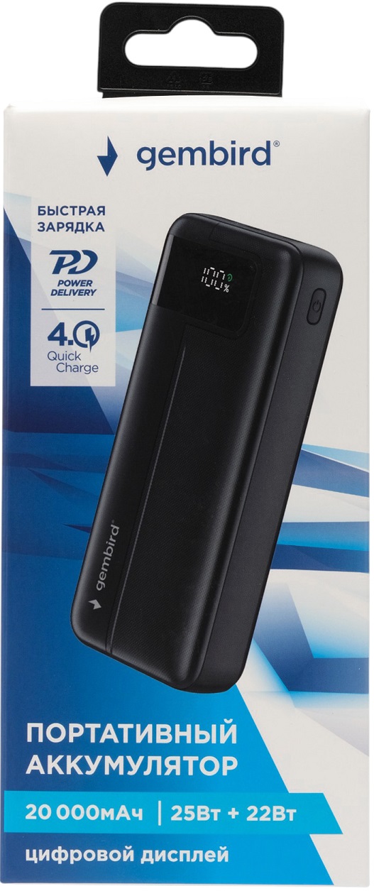 Внешний аккумулятор Gembird GPB-20Q (литий-полимерный, 20000mAh, выход 3A, вход 2.5А, QC4.0, PD, black)