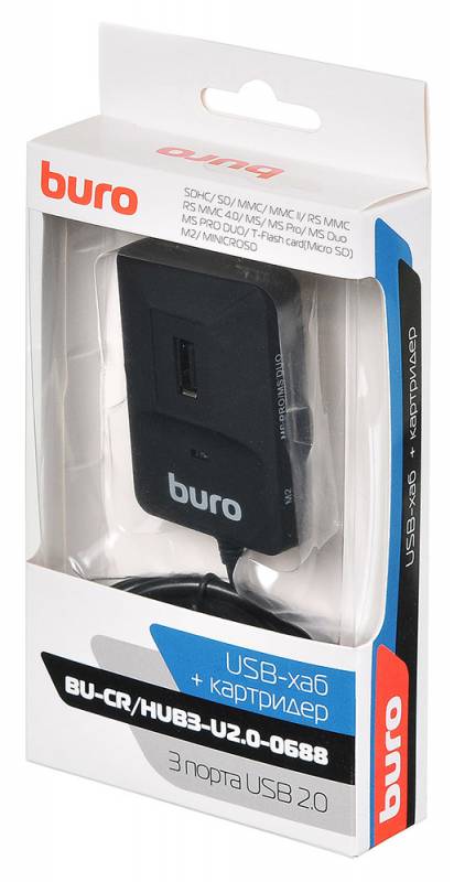Картридер / USB HUB (3 порта) Buro BU-CR/HUB3-U2.0-0688 (microSD, SDHC, M2, MS, MMC, black, USB 2.0)