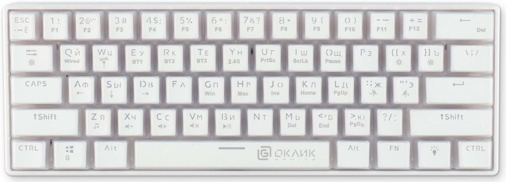 Клавиатура Oklick K763W (USB / Bluetooth 5.0(3.0) / 2.4GHz, механическая, аккумулятор 1450mAh (до 5 дней беспрерывной работы), регулируемая RGB подсветка, игровая, мультимедийная, Anti-Ghosting, 1.8m, white)