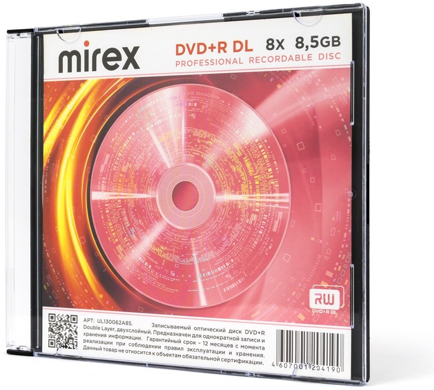 Диск DVD+R Mirex (8.5Gb, Dual Layer, 8x, 1шт., Slim Case)