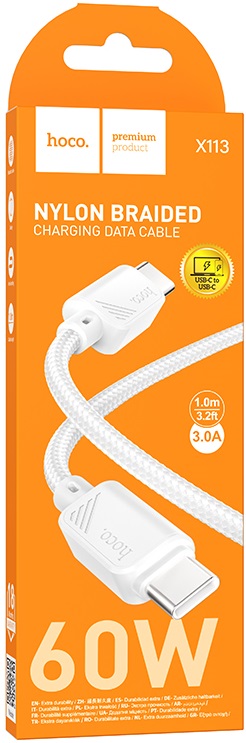 Кабель USB 2.0 Type-C - Type-C 1.0m (X113 Beneficio, 3A, 60W, нейлоновая оплётка, white) hoco