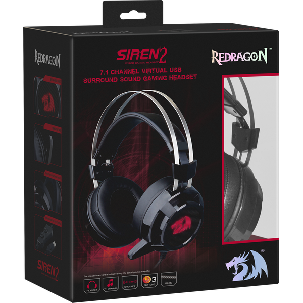 Наушники Redragon SIREN 2 (полноразмерные закрытые, подключение по USB, c микрофоном, игровые, виртуальный объёмный звук 7.1, 2m, black)