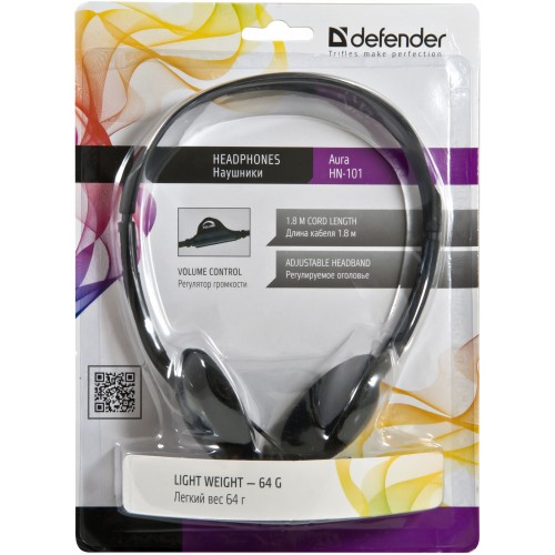 Наушники Defender Aura HN-101 (накладные открытые, без микрофона, 1.8m, с регулятором, black)