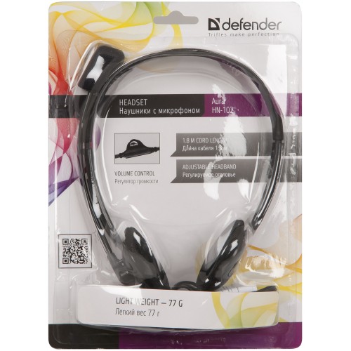Наушники Defender Aura 102 (накладные открытые, c микрофоном, 1.8m, регулятор, black)