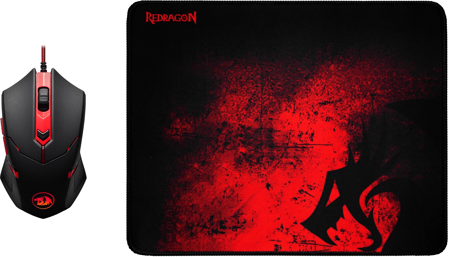 Игровой набор Redragon M601BA - Мышь (USB, optical, 3200dpi, игровая, подсветка, программируемая, soft-touch, black-red) + Коврик для мыши (тканевый на резиновой основе, игровой, black-red, 330x260x3mm)