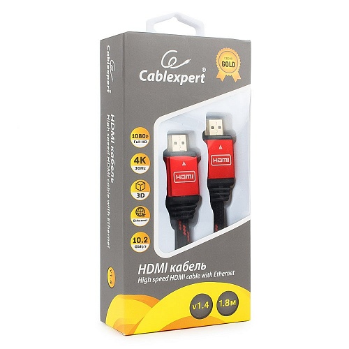 Кабель HDMI (m) - HDMI (m) 1.8m (CC-G-HDMI02-1.8M, ver.1.4, с позолоченными контактами, тканевая оплётка, red) Cablexpert