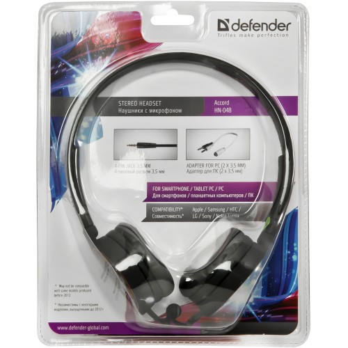 Наушники Defender Accord HN-048 (накладные закрытые для мобильный устройств, с микрофоном, 1.2m, black)