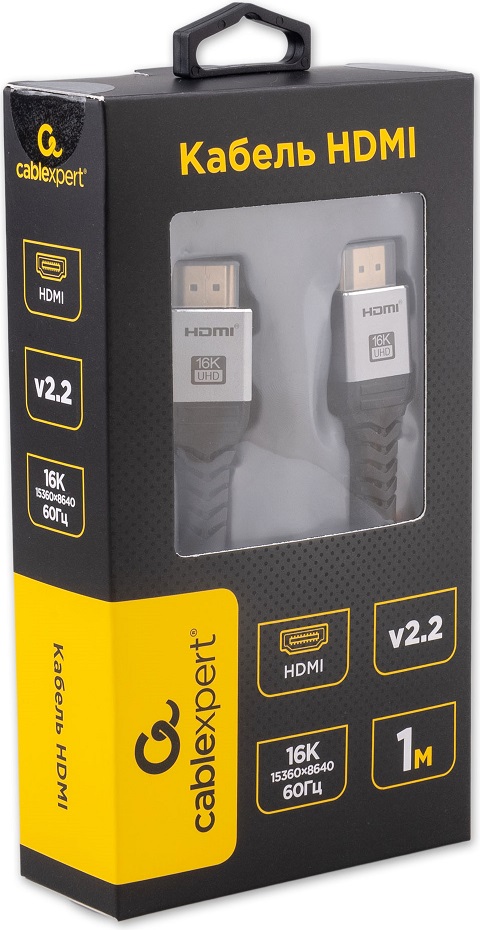 Кабель HDMI (m) - HDMI (m) 1.0m (CCP-HDMI16K-1M, медь, 16K, ver.2.2, с позолоченными контактами, тройное экранирование, нейлоновая оплётка, grey) Cablexpert