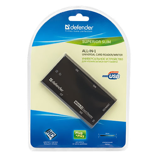 Карт-ридер DEFENDER SUPERIOR SLIM (microSD, SDHC, M2, MS, CF, XD, MS Duo, RS-MMC) black
