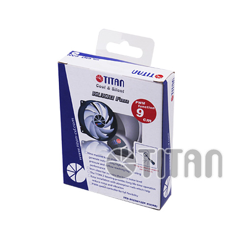 Вентилятор Titan TFD-9525H12ZP/KU(RB) (90x90x25mm (посадочное место 80mm), Z-axis, 900-2600rpm, 10-27dBa, Anti-vibration, 4pin, PWM, white-blue) RTL