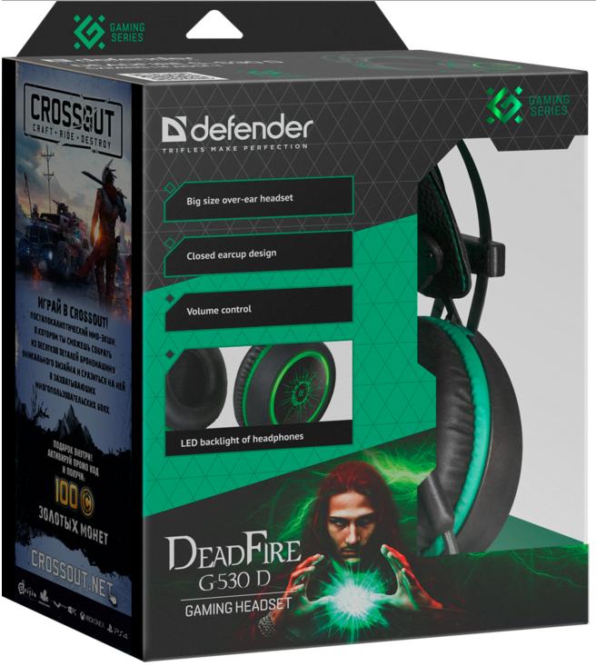 Наушники Defender DeadFire G-530D (полноразмерные закрытые, c микрофоном, игровые, 2.2m, промо-код "Crossout", black-green)