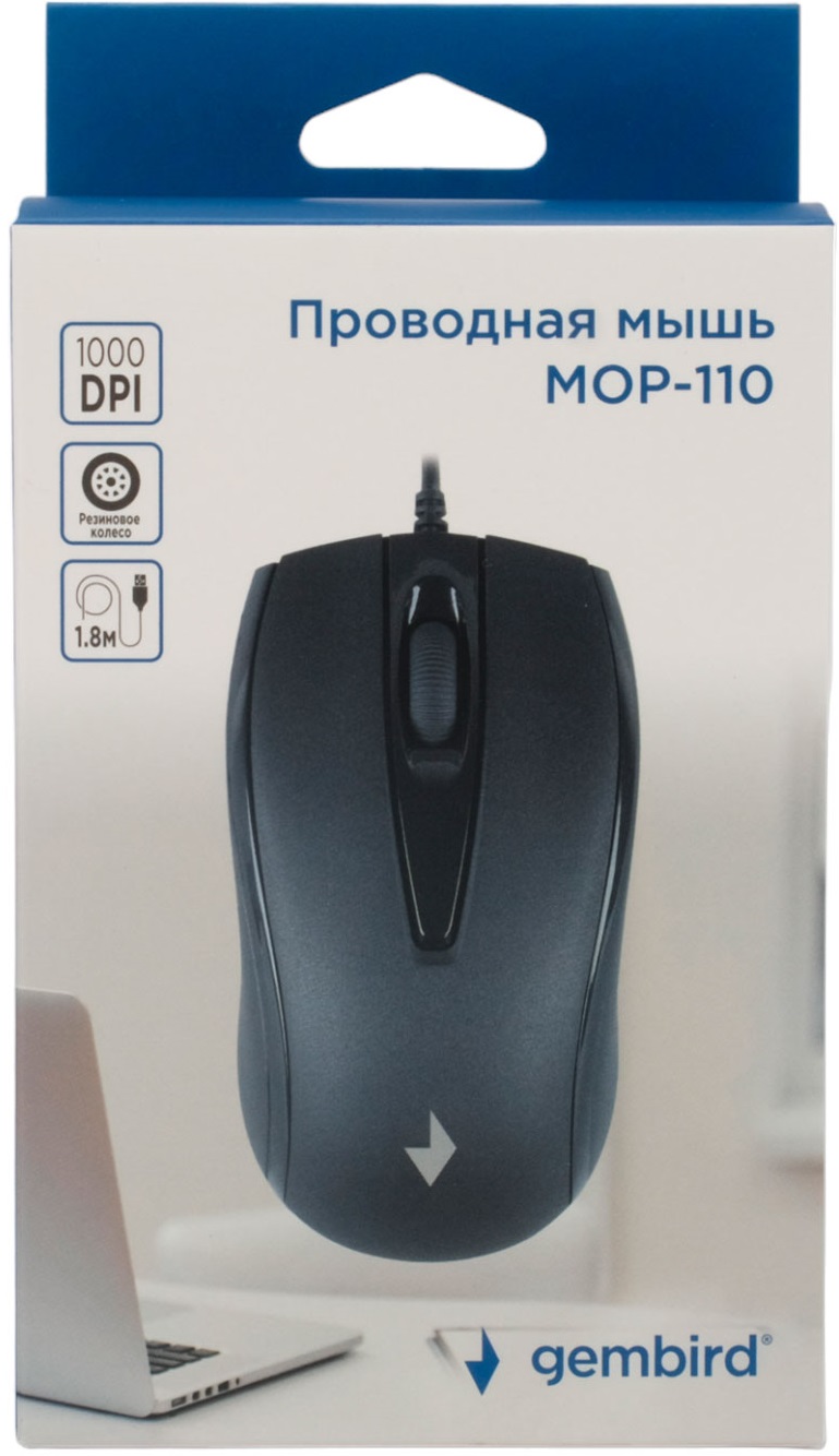 Мышь Gembird MOP-110 (USB, optical, 1000dpi, 1.8m, black)