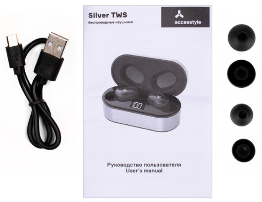 Гарнитура Accesstyle Silver TWS (затычки, беспроводная, Bluetooth 5.0, с микрофоном, до 4 часов работы от батареи, black-silver)