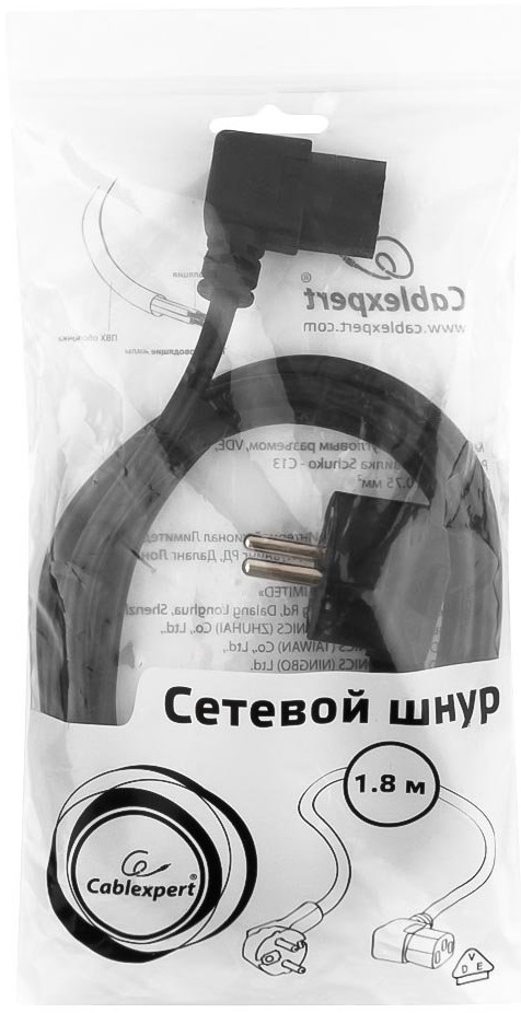 Кабель питания (PC-186A-VDE, сис. блок - розетка, 1.8m, 10A, 0.75мм2, угловой, black) Cablexpert