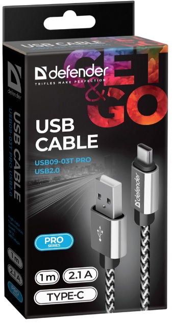 Кабель USB 2.0 Am - USB2.0 Type-C 1.0m (USB09-03T PRO, 2.1A, нейлоновая оплётка, white) Defender