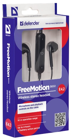 Гарнитура Defender FreeMotion B650 (вкладыши, беспроводная, Bluetooth 5.0, с микрофоном, до 4 часов работы от батареи, black)