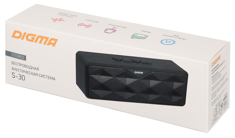 Колонки Digma S-30 (6W, портативные, аккумулятор 600mAh, Bluetooth, микрофон, громкая связь, AUX, USB, MicroSD до 32Gb, FM, MP3, black)