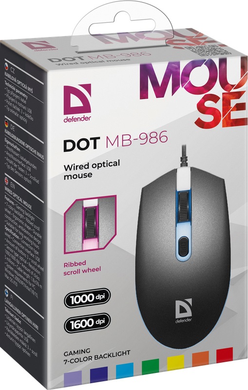 Мышь Defender Dot MB-986 (USB, optical, 1600dpi, подсветка, 1.8m, black)