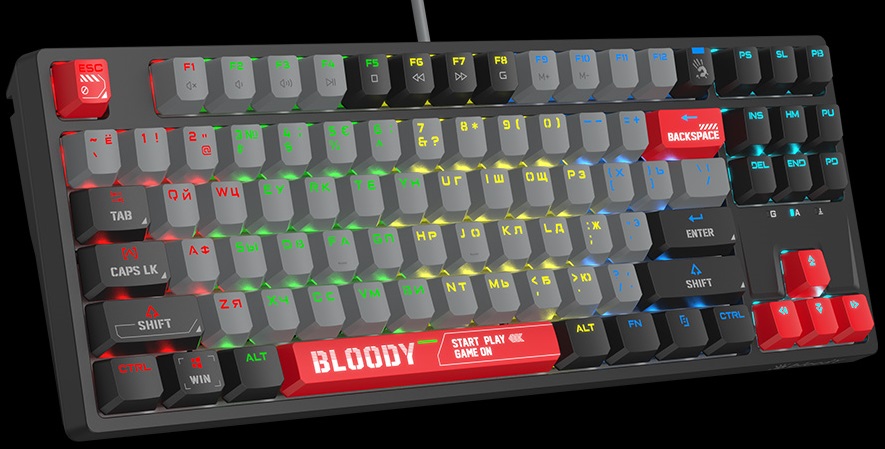 Клавиатура A4Tech Bloody S87 (USB, механическая, RED Switch, поддержка ПО Bloody KeyDominator (для создания макросов, профилей, полной настройки RGB подсветки), игровая, мультимедийная, Anti-Ghosting, 1.8m, energy red)