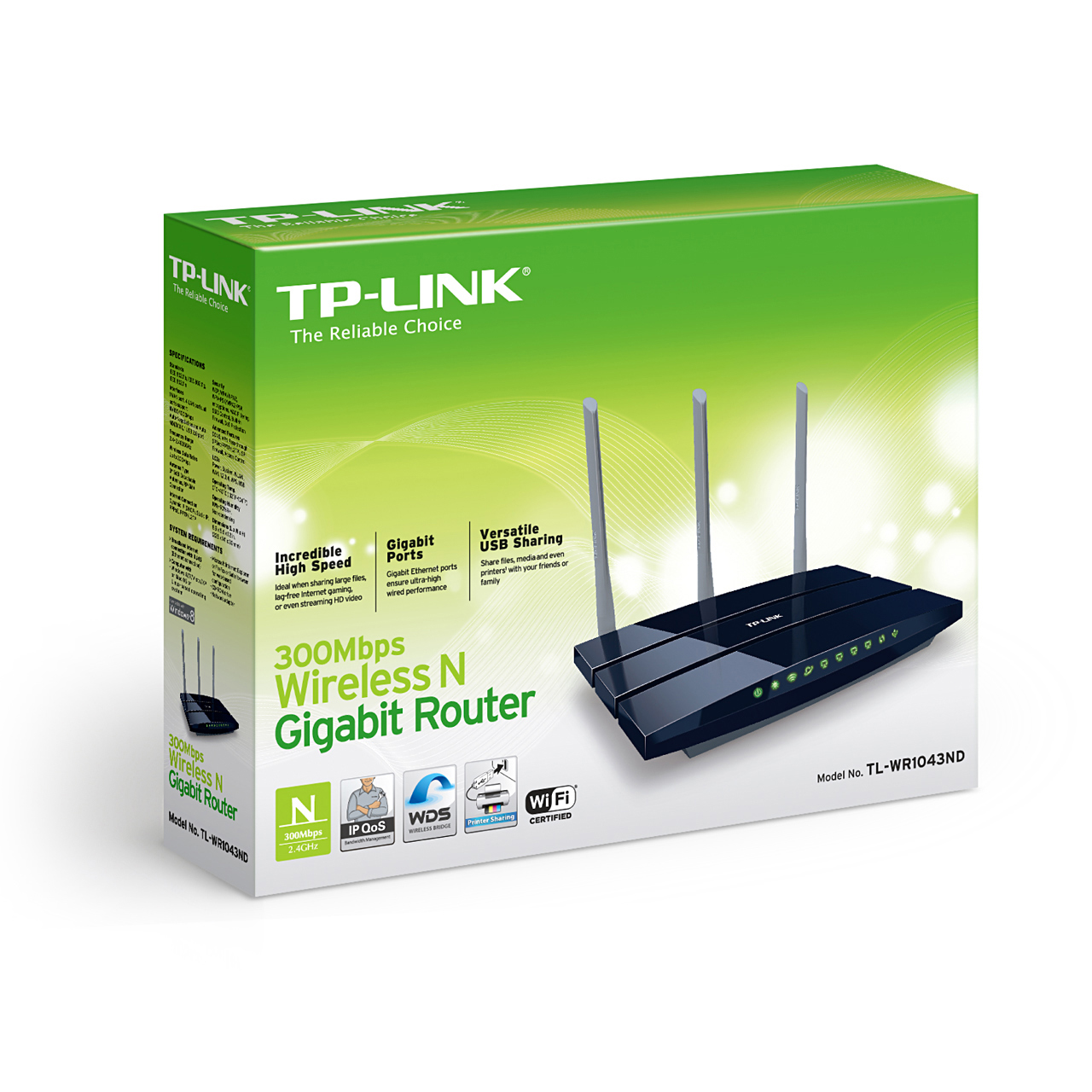 Роутер TP-LINK TL-WR1043ND (300Mbps, 2.4GHz, 4-ports, 1000Mbps, 3 съёмные антенны 5dBi, USB, USB Printer/FTP Server, black)