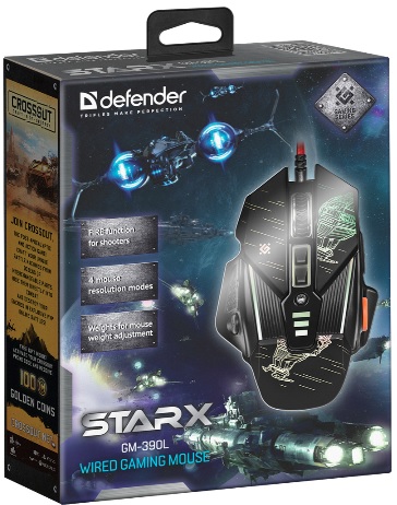 Мышь Defender sTarx GM-390L (USB, optical, 3200dpi, игровая, подсветка, промо-код "Crossout", black)