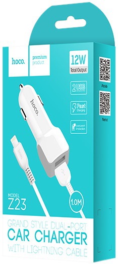 Зарядное устройство от прикуривателя hoco Z23 Grand style (12/24V - USB, 2*USB, 2.4А max, 12W, кабель Lightning 1m, быстрая зарядка, white)