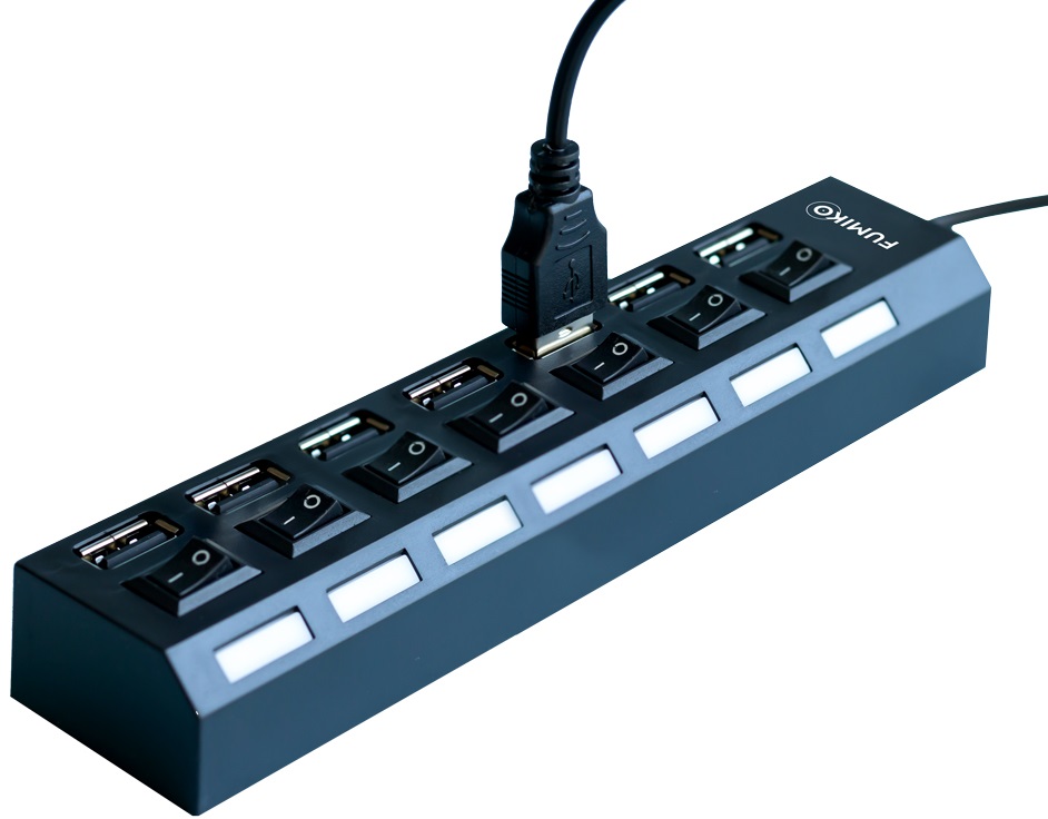 USB 2.0 HUB FUMIKO UH02 (FUH02-01, 7 портов, активный, выключатели, black)